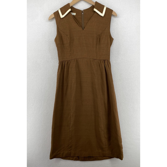 BONWIT TELLER Dress S Brenner Couture Canvas Midi Shift Brown Vintage - Picture 2 of 16